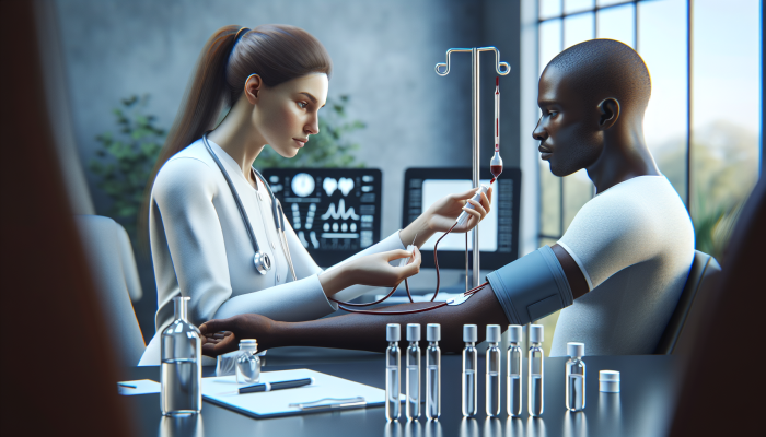 A technician preparing a patient for a kidney blood test in a serene lab setting with modern equipment.