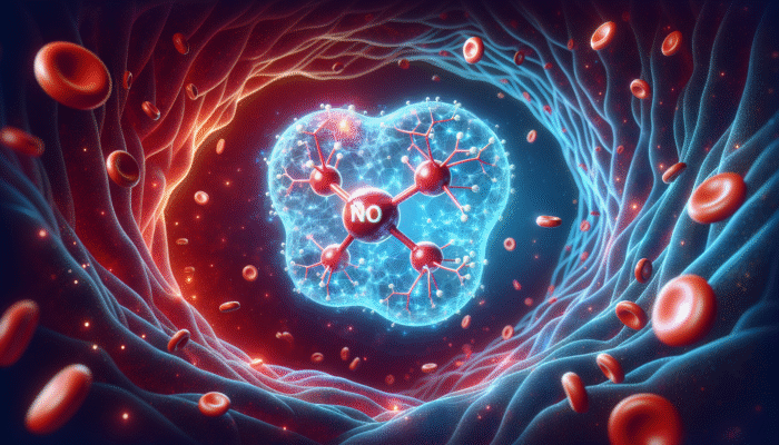 Boosting Nitric Oxide Naturally: A vibrant model of nitric oxide (NO) molecule, surrounded by glowing endothelial cells, enhancing cardiovascular health.