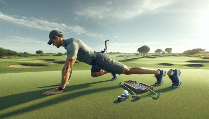 A golfer performing core workouts on a green course under a clear blue sky, boosting performance.
