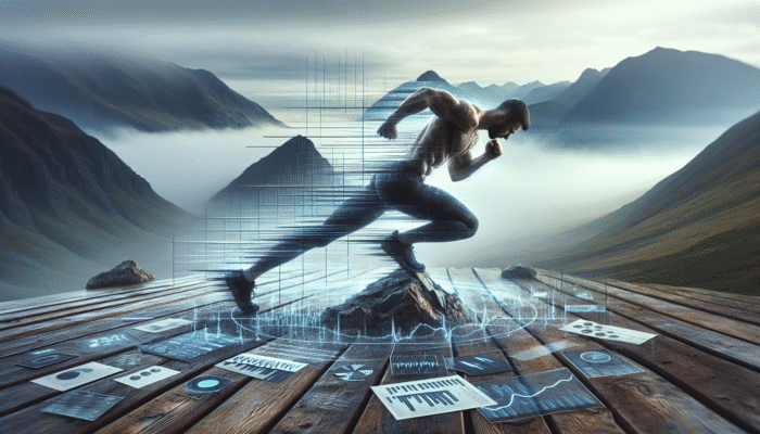 A person performing mountain climbers on a misty mountain top, showcasing core strength and cardiovascular fitness.