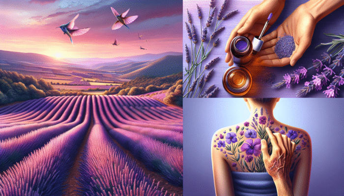 How Lavender Treats Eczema: A serene lavender field landscape with a person applying lavender oil to soothe eczema.