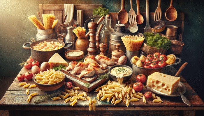 Fresh ingredients for creamy chicken alfredo on a rustic kitchen table: chicken, pasta, cream, and Parmesan cheese.
