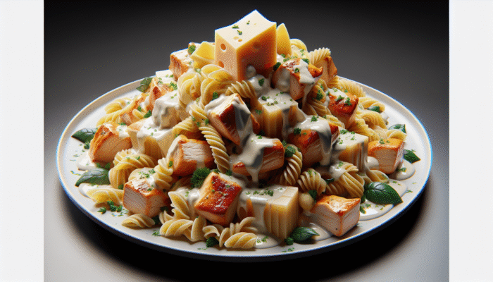 Chicken Alfredo dish with 250g pasta, 150g chicken, creamy sauce, and fresh herbs.