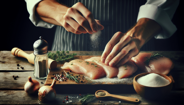 Chef seasoning raw chicken with salt, pepper, and Italian herbs on a wooden board for Alfredo.