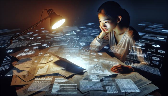 Person researching debt consolidation solutions on computer, surrounded by financial documents and charts.