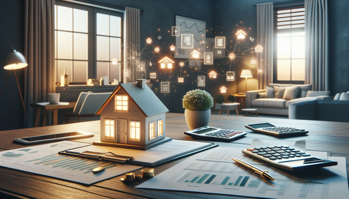 A serene home interior with financial documents and a model house on a desk, representing home equity for debt consolidation.