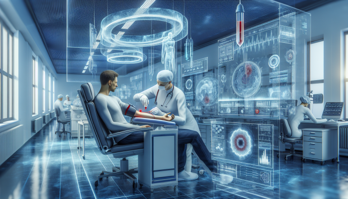 Blood Test Staff Training: A healthcare professional conducting a blood test in a modern lab, surrounded by advanced equipment and training materials.