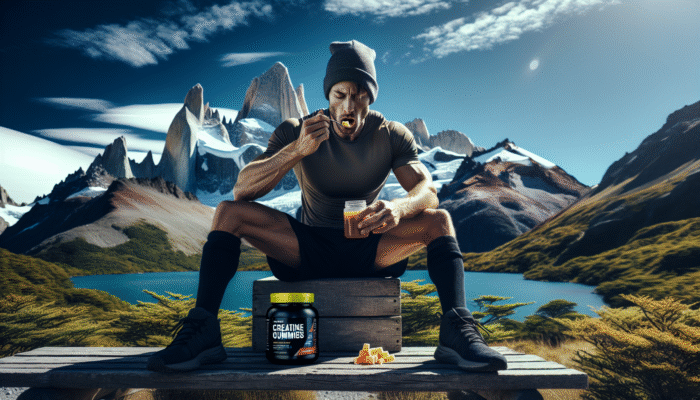 A person in Patagonia's mountains consuming creatine gummies post-workout for muscle recovery and energy.