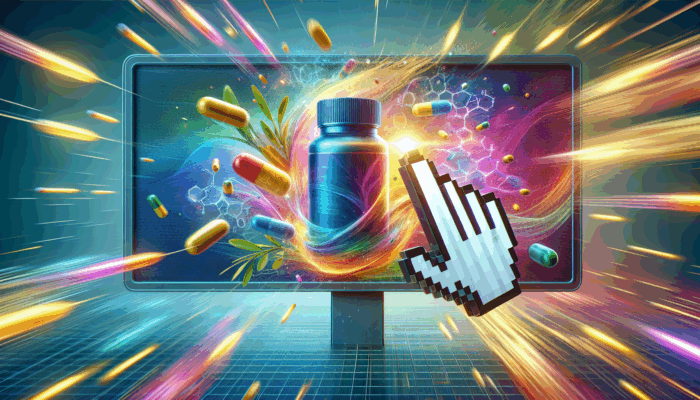 Demystifying PPC in Supplement Marketing: A digital billboard showcasing supplement ads, highlighting a cursor clicking on a health product, with search engine results in the background.