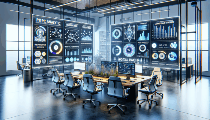 A digital marketing workspace displaying PPC analytics and keyword research tools on screens in a modern office.