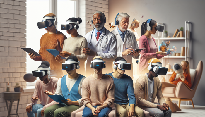 Diverse UK group using VR headsets for therapy in urban and rural settings, with mental health support.