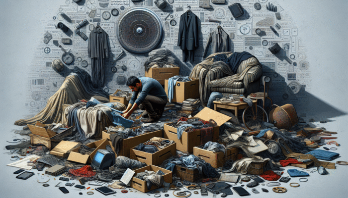A person sorting through a cluttered room, identifying items unused for over six months to declutter.