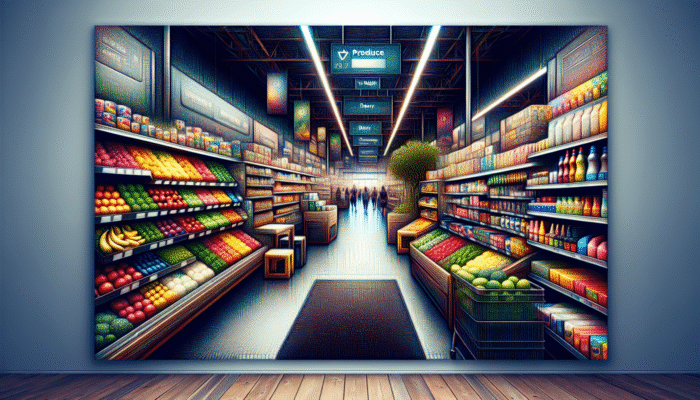 A shopper navigating a supermarket with sections for fresh produce, dairy, meat, pantry, and rear aisles for non-perishables and household goods.