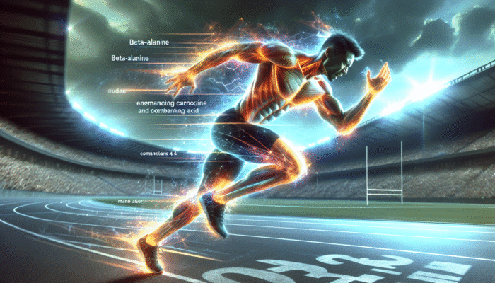 Beta-Alanine and Carnosine Levels: Athlete sprinting with glowing muscles, showcasing endurance and resilience on a competitive track.