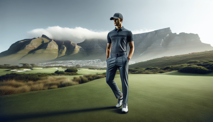 A South African golfer in stylish, functional attire on a lush green course with Table Mountain.