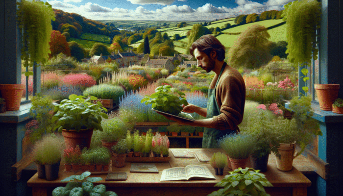 How to Use Rare Herbs Effectively: A gardener in the Cotswolds nursery, surrounded by rare herbs like Lemon Verbena and Siberian Chervil.