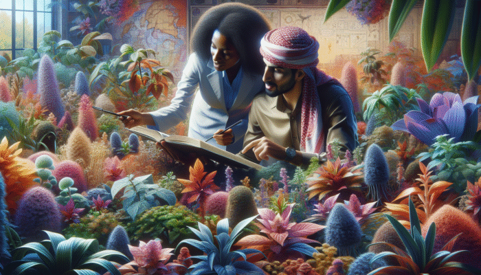 A person and botanist exploring a vibrant botanical garden, discovering rare herbs.