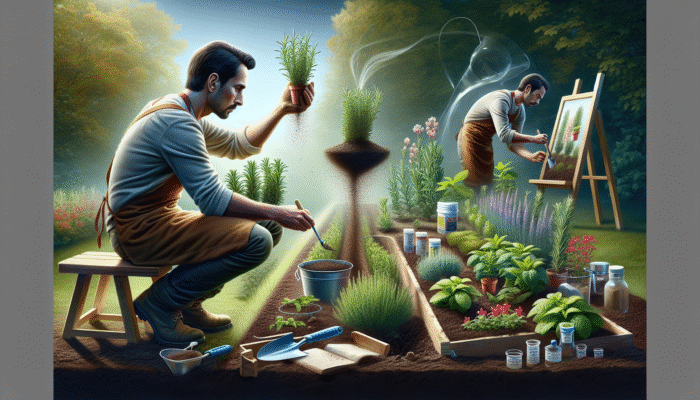 UK gardener preparing soil for rare herbs, testing pH and nutrients, using compost, manure, perlite, and vermiculite, with thriving rosemary and mint.