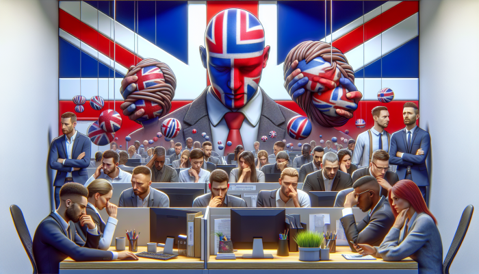 Diverse UK office workers showing stress and anxiety in a modern workplace with mental health support cues.
