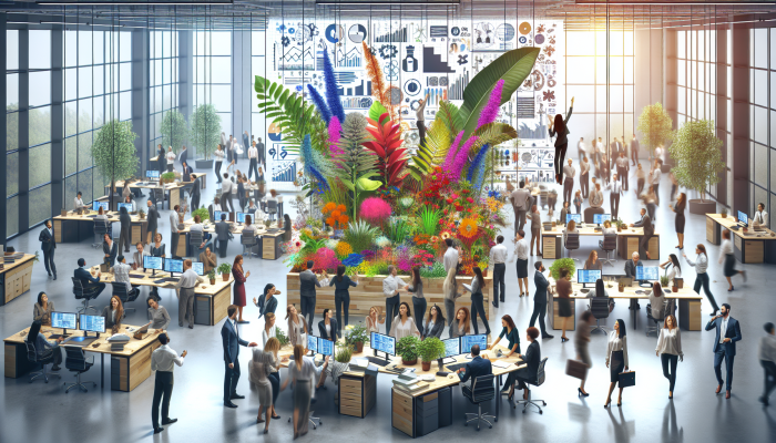 Diverse employees collaborating in a vibrant, plant-filled office, symbolizing positive workplace relationships.
