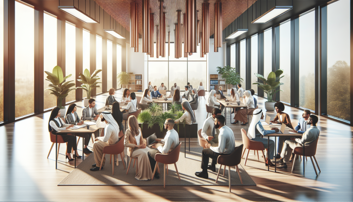 A diverse group of professionals in a conflict resolution workshop, fostering trust and growth in a serene office.