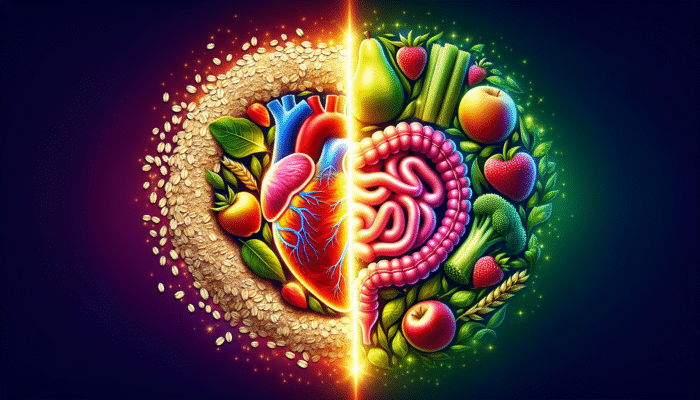 Image showing soluble fiber from oats and fruits aiding heart health, and insoluble fiber from vegetables promoting digestive health.