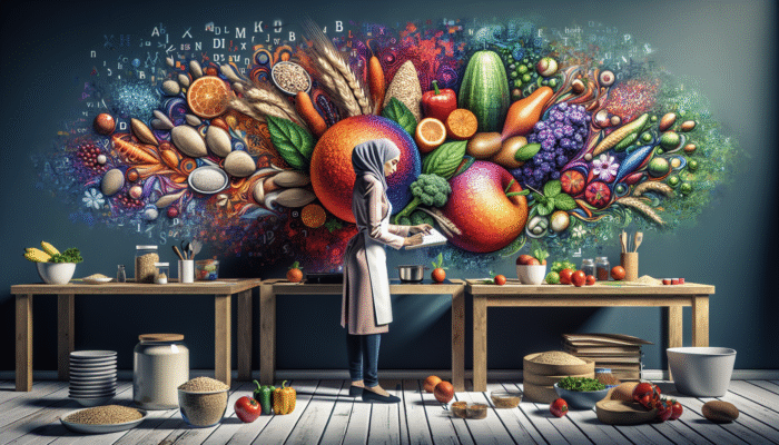 A nutritionist planning colorful high-fiber meals with whole grains, fruits, and vegetables.
