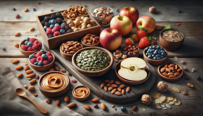 A vibrant display of healthy snacks including nuts, seeds, and fruit-based treats on a rustic wooden table.