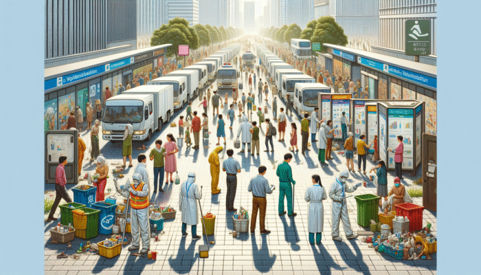 City Sanitation Solutions: A vibrant urban scene depicting modern sanitation infrastructure and public health workers, enhancing community health.