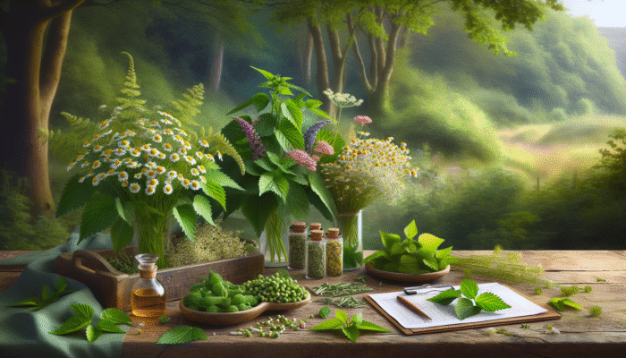 How to Brew Herbal Decoctions: UK herbs nettle, elderflower, and chamomile on a rustic table, with woodland background.