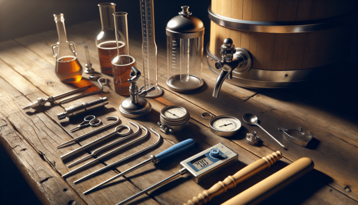 Close-up of brewing equipment arranged on a rustic table with tools like hydrometer and fermenter.