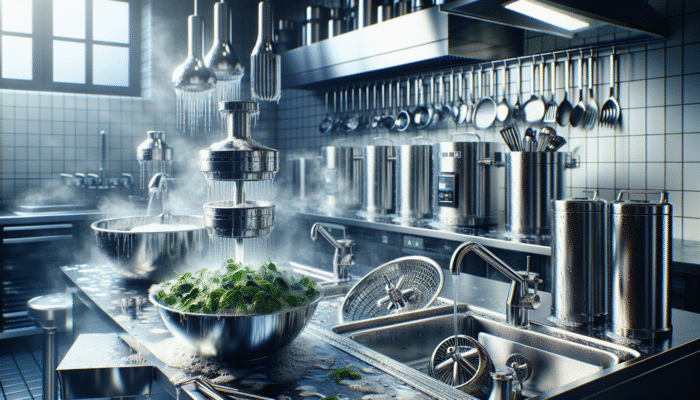 Clean kitchen with stainless steel equipment being washed and herbs rinsed in a salad spinner for brewing hygiene.