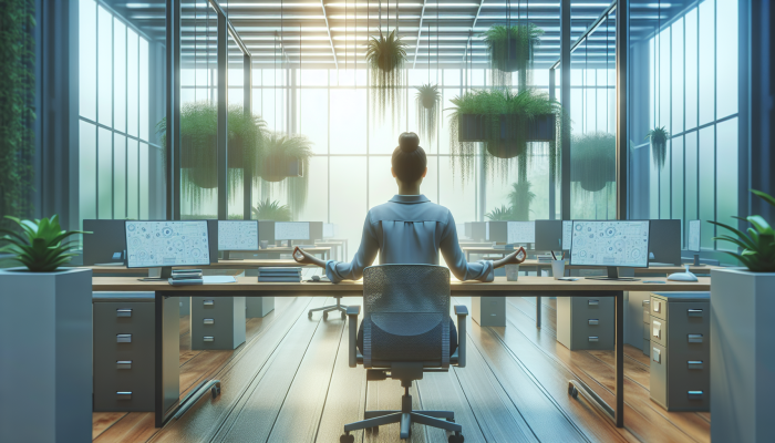 An employee meditating at a desk in a serene office, surrounded by plants and soft light, promoting stress management.