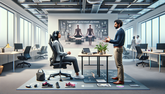 UK office setting with employee receiving personalized stress management advice from occupational health professional.