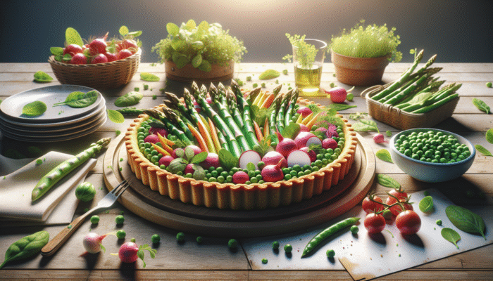 A colorful spring vegetable tart with asparagus, peas, radishes, and baby spinach on a rustic table.