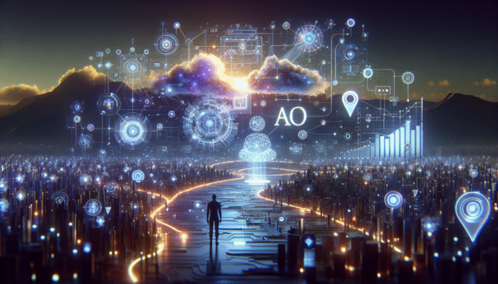A futuristic digital landscape depicting AI enhancing SEO through glowing data streams and interconnected nodes.
