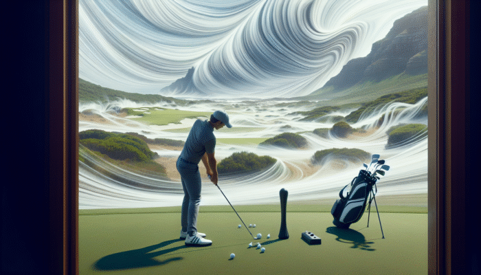 Golfer practicing clubface control on South African coast with impact bag amidst winds.