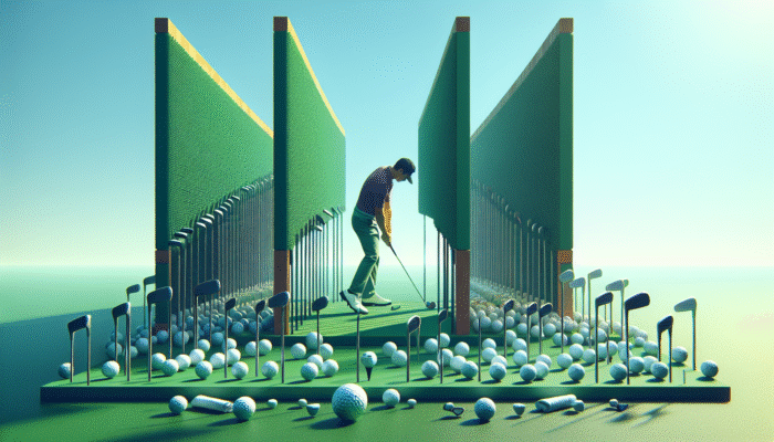 Golfer practicing swing path on green course using gates made from towels and clubs, under clear blue sky.
