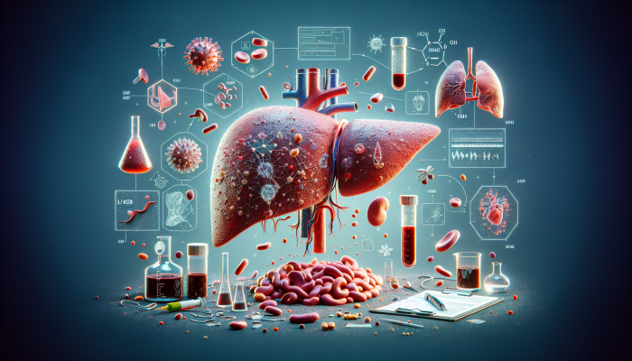 Advanced Liver Blood Test in Fareham: Illustration of liver function tests measuring proteins, enzymes, and bilirubin against a healthy liver background.