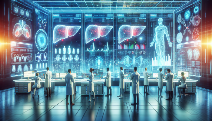 A futuristic lab with holographic displays of liver blood test results, scientists analyzing data, advanced medical equipment.