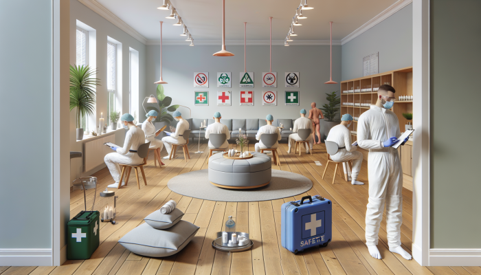 Safety Gear for Acupuncture Practitioners: A serene UK acupuncture clinic with practitioners in a safety training session, surrounded by safety posters and conducting a risk assessment.