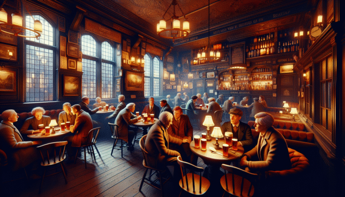 Dimly lit historic British pub with cozy nooks, patrons enjoying ale and hearty pub grub, fostering intimate conversations.