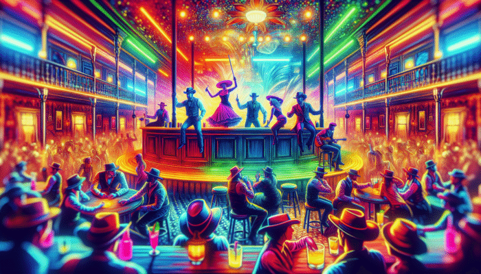 Energetic bar dancers performing on the counter at Coyote Ugly Saloon, patrons dancing and cheering amidst vibrant party atmosphere with colorful cocktails and neon lights.