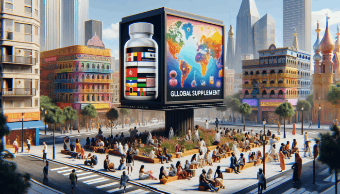 The Growing Role of Humor in Supplement Ads: A colorful global billboard with humorous supplement ads, showing diverse people laughing and engaging in a vibrant cityscape.