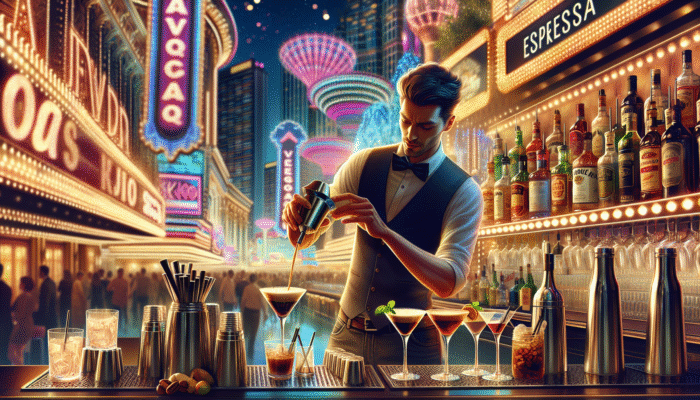 Bartenders in Las Vegas crafting unique Espresso Martini variations with exotic garnishes under neon lights.