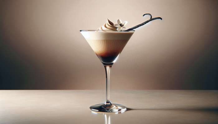 Creamy Vanilla Espresso Martini with vanilla bean garnish on a stylish bar counter.
