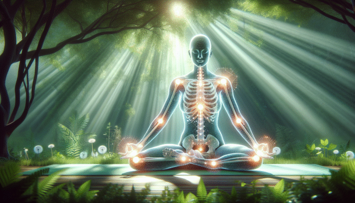 Joint Support for Yoga Athletes: A yoga practitioner in a deep pose with glowing joints, set in peaceful nature, emphasizing joint health.