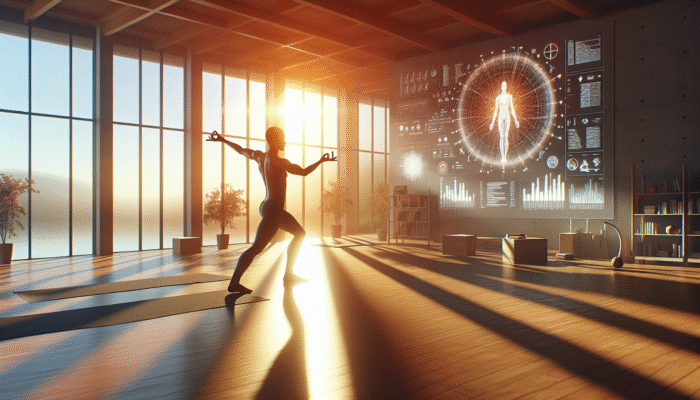 A yoga practitioner doing arm circles, leg swings, and torso twists in a sunlit studio for joint mobility.