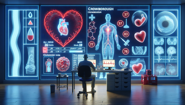 Cholesterol Blood Test in Crowborough: A person undergoing a cholesterol test in Crowborough, with heart-shaped monitor and artery diagrams.