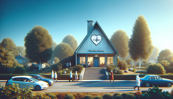 A serene medical clinic in Crowborough offering cholesterol testing, surrounded by greenery, under a clear sky.
